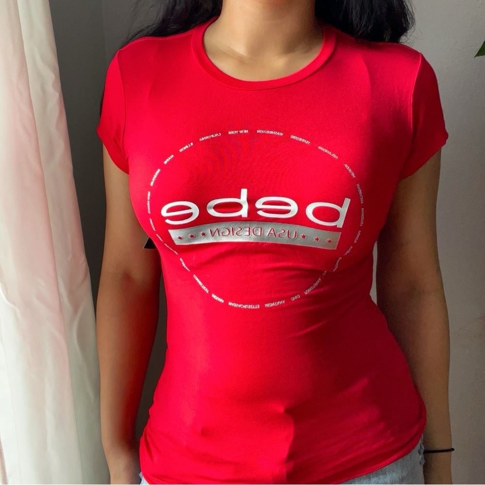 bebe Red Fitted Cap Sleeve Crew Neck T-Shirt